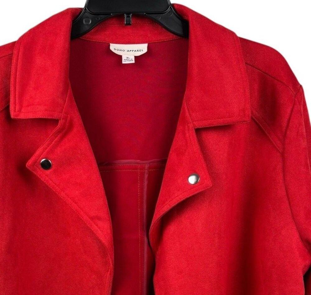 Soho Apparel women XL Red blazer jacket pockets open front 23” long stretch